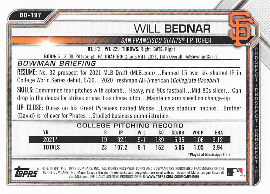 2021 Bowman Draft Baseball Will Bednar #BD-197