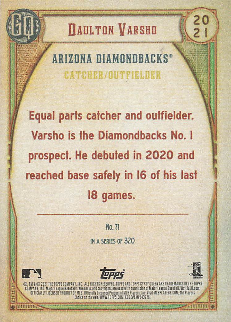 2021 Topps Gypsy Queen Baseball Daulton Varsho #71 Rookie