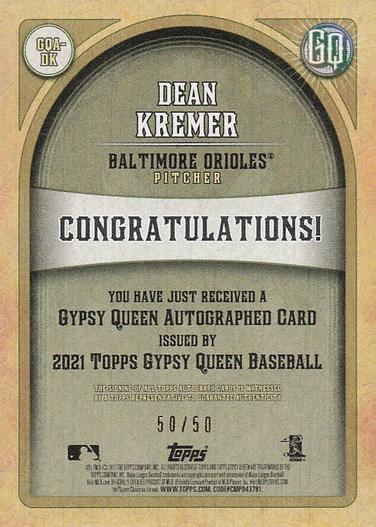 2021 Topps Gypsy Queen Autographs Black & White 50/50 Dean Kremer #GQA-DK
