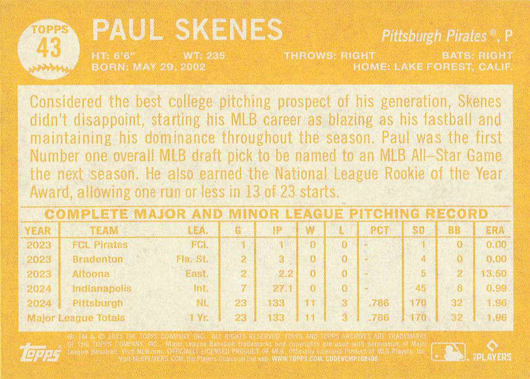 2025 Topps Archives Baseball Paul Skenes #43