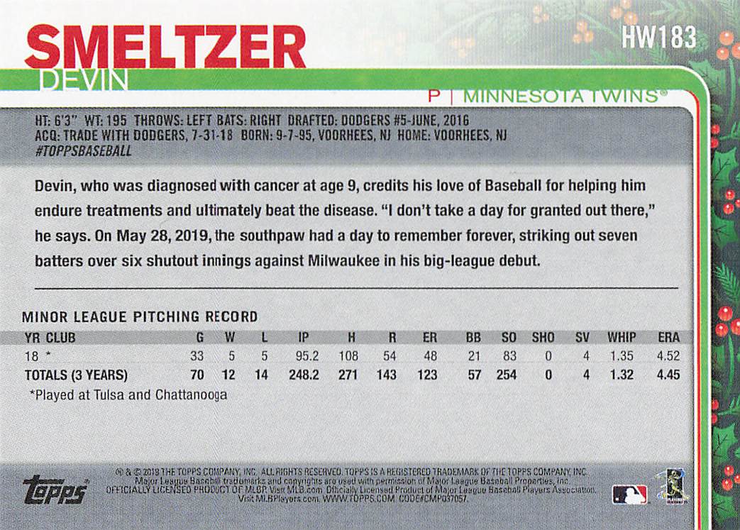 2019 Topps Holiday Baseball Metallic Devin Smeltzer #HW183 Rookie
