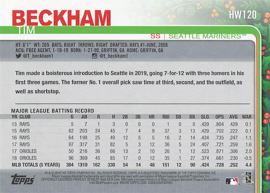 2019 Topps Holiday Baseball Metallic Tim Beckham #HW120