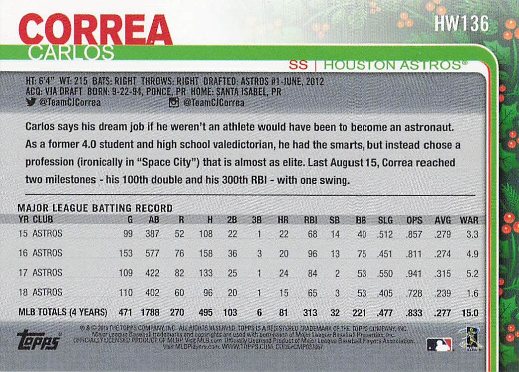 2019 Topps Holiday Baseball Carlos Correa #HW136
