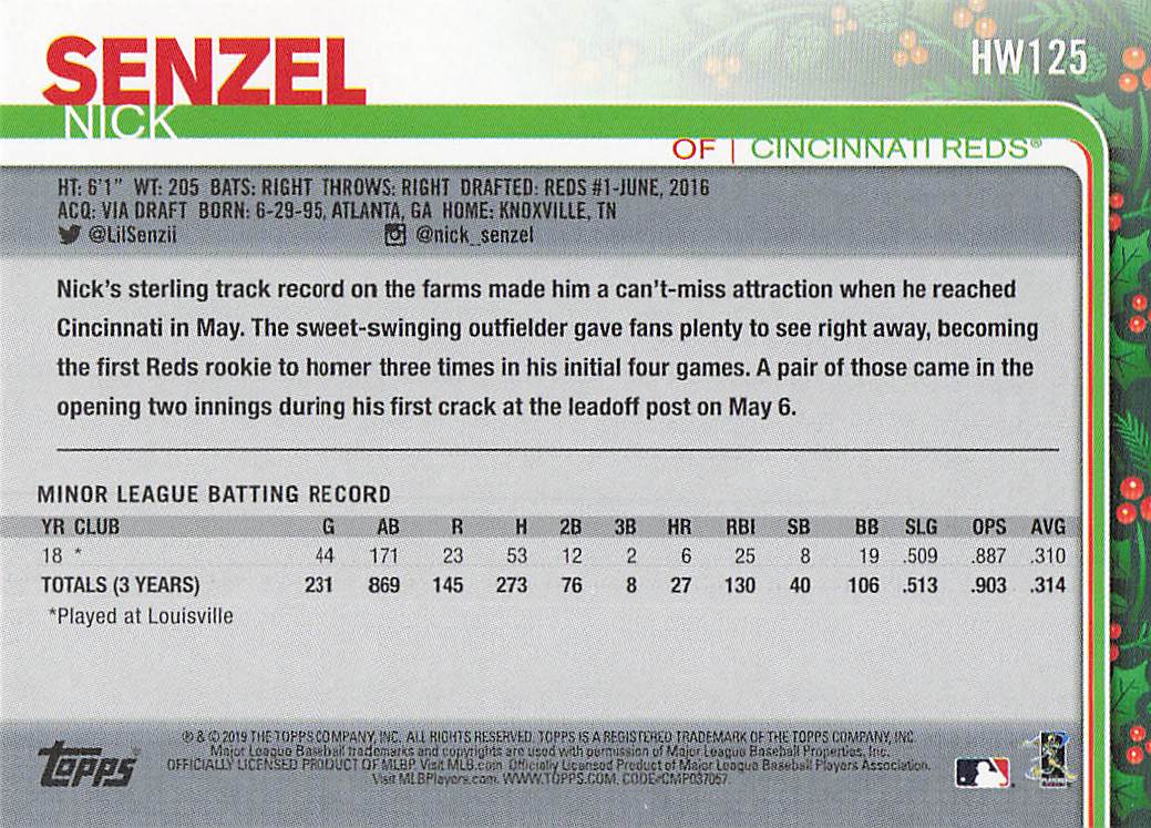 2019 Topps Holiday Baseball Nick Senzel #HW125 Rookie