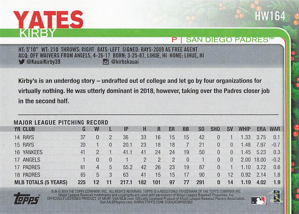 2019 Topps Holiday Baseball Kirby Yates #HW164