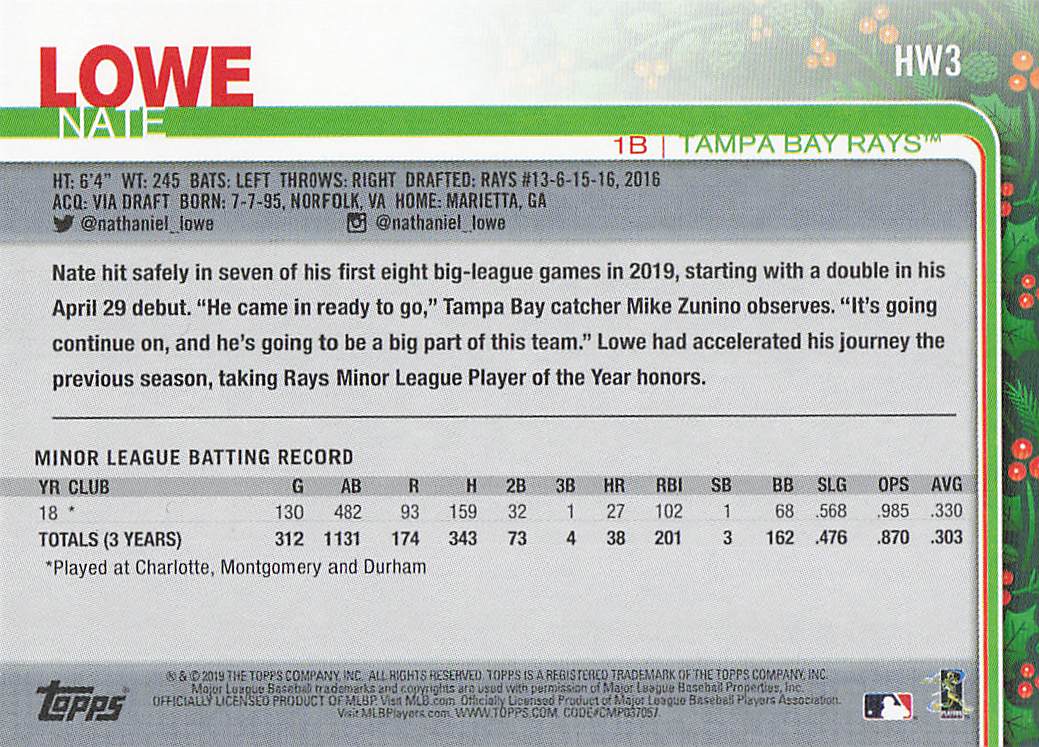 2019 Topps Holiday Baseball Nate Lowe #HW3 Rookie