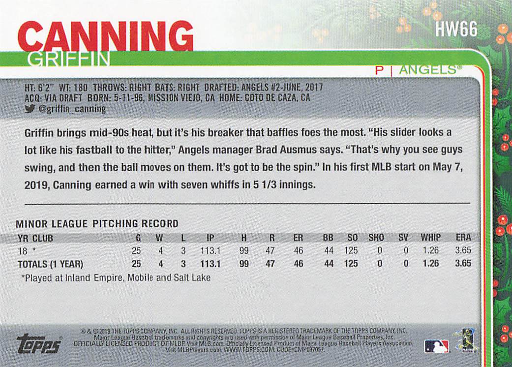 2019 Topps Holiday Baseball Griffin Canning #HW66 Rookie