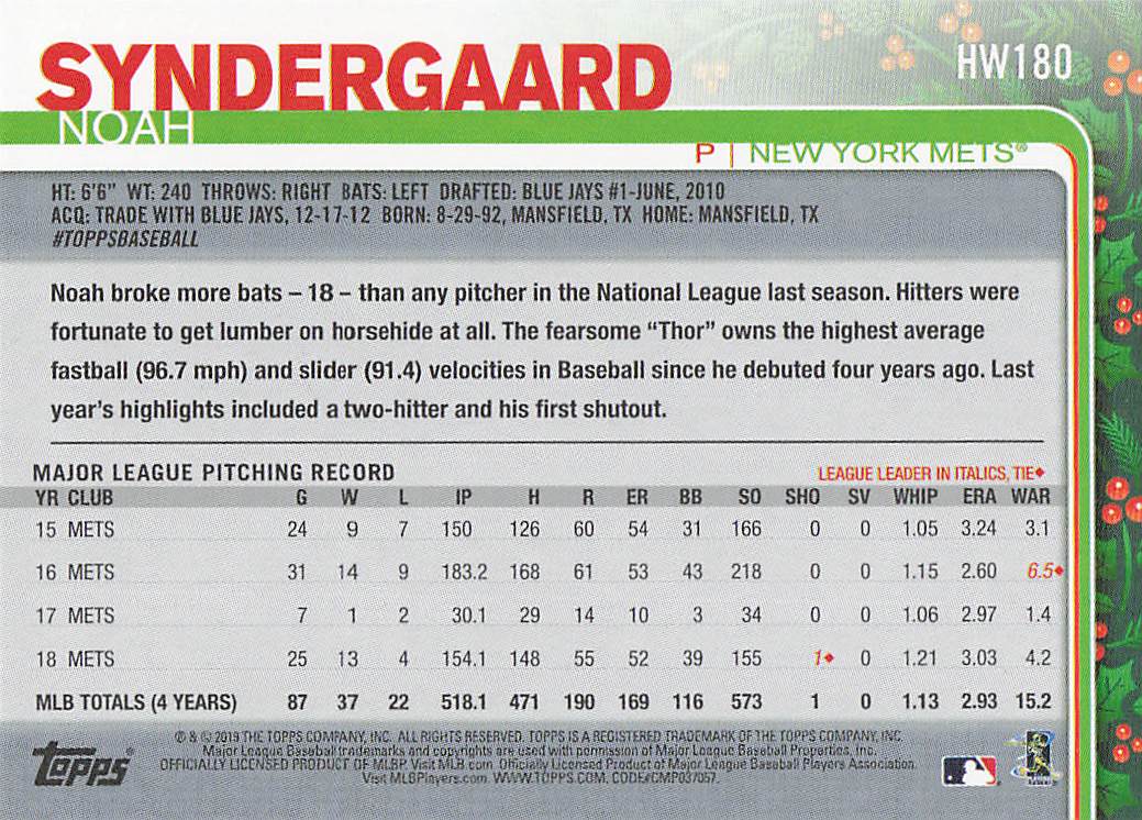 2019 Topps Holiday Baseball Noah Syndergaard #HW180