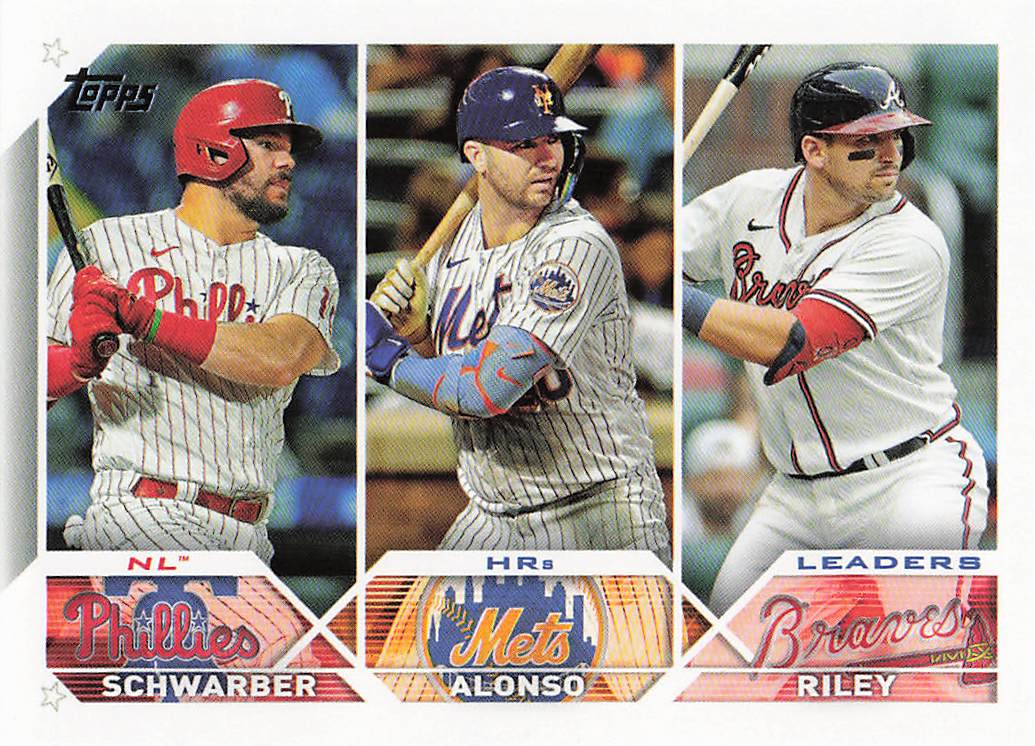 2023 Topps Baseball NL HRs Leaders (Schwarber / Alonso / Riley) #178