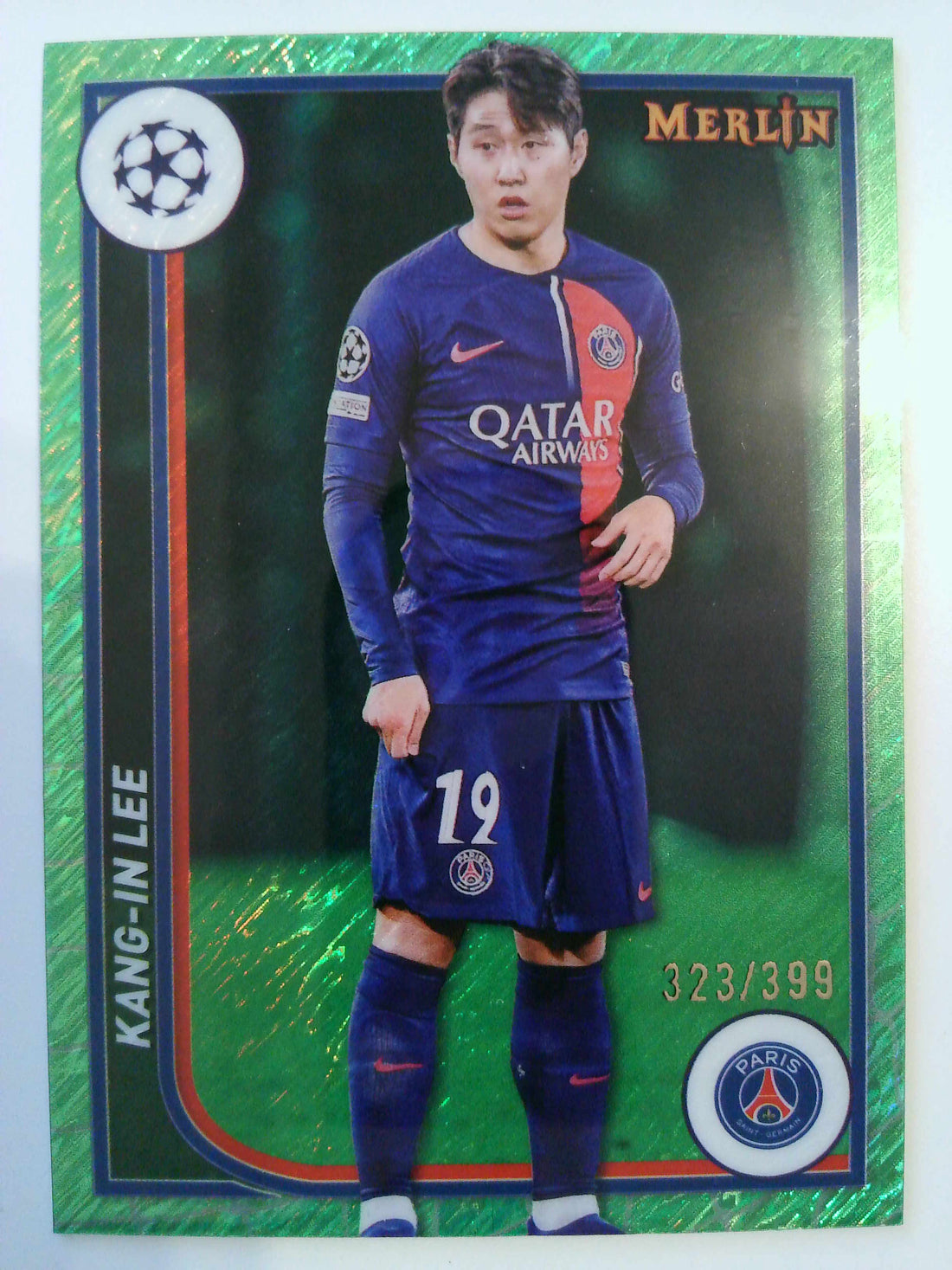 2023-24 Merlin UCC Soccer Neon Green Shimmer Refractor 323/399 Kang-in Lee #90