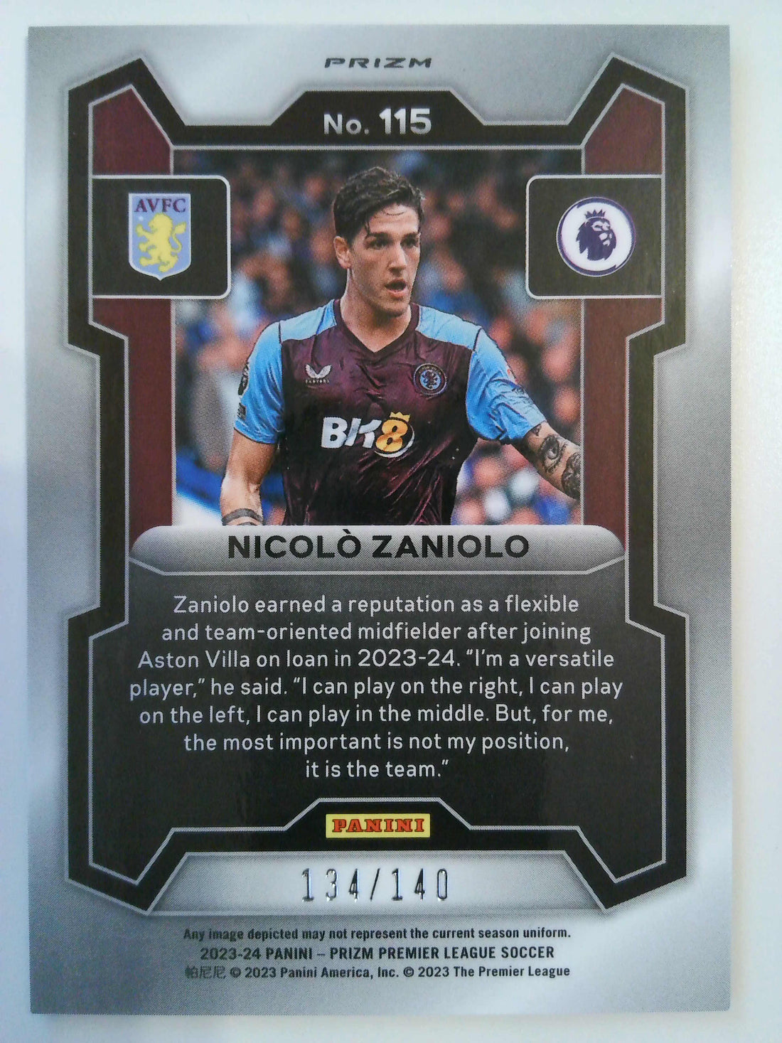 2023-24 Panini Prizm Premier League Purple Mosaic 134/140 Nicolo Zaniolo #115