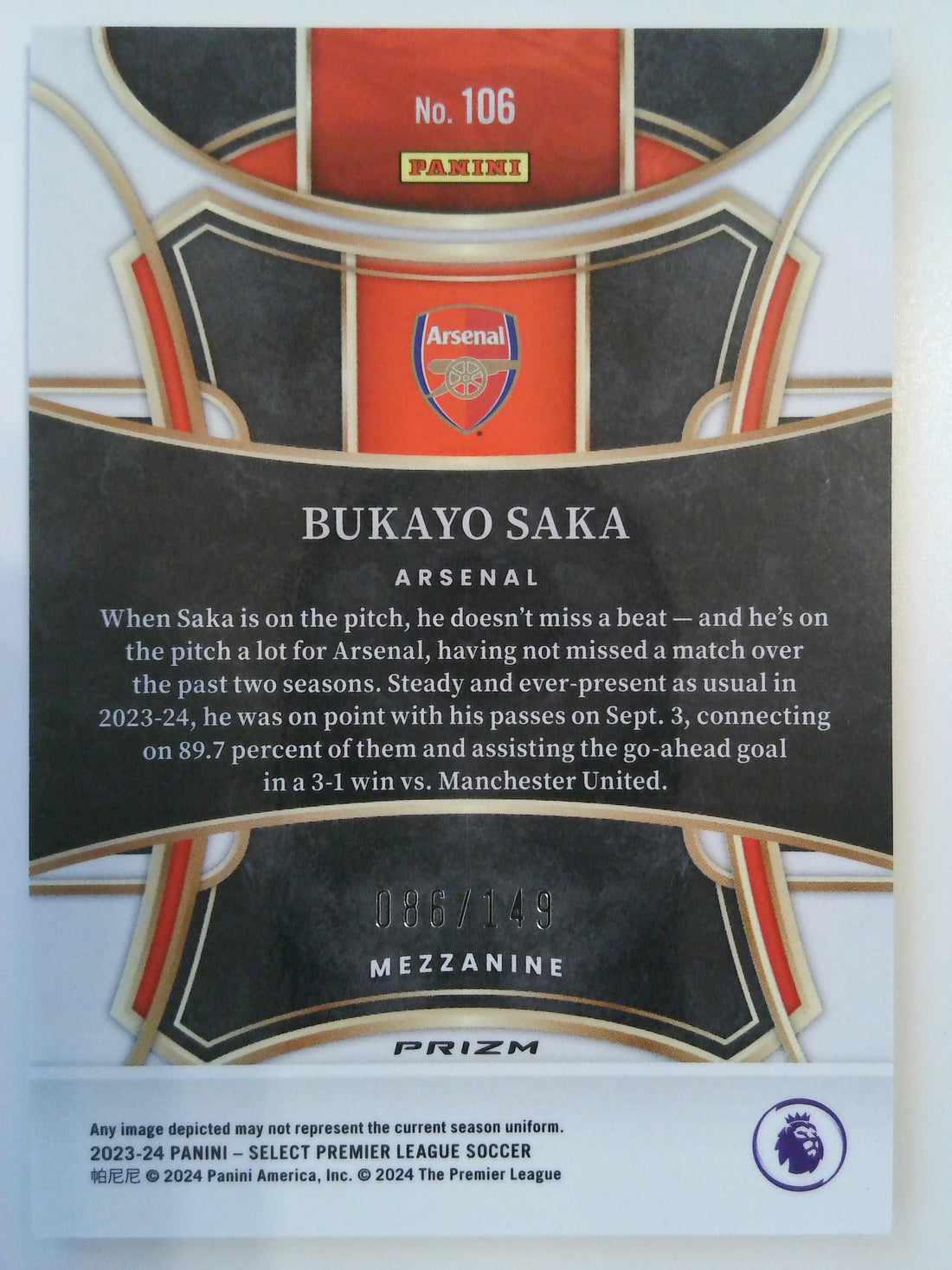 2023-24 Panini Select Premier League Soccer Red Wave 086/149 Bukayo Saka #106