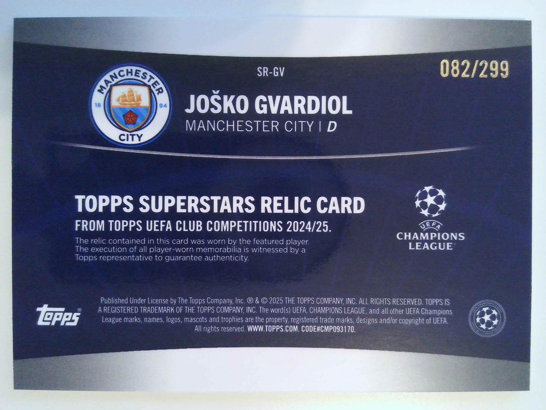 2024-25 Topps UCC Soccer Superstar Relics Purple 082/299 Joško Gvardiol #SR-GV