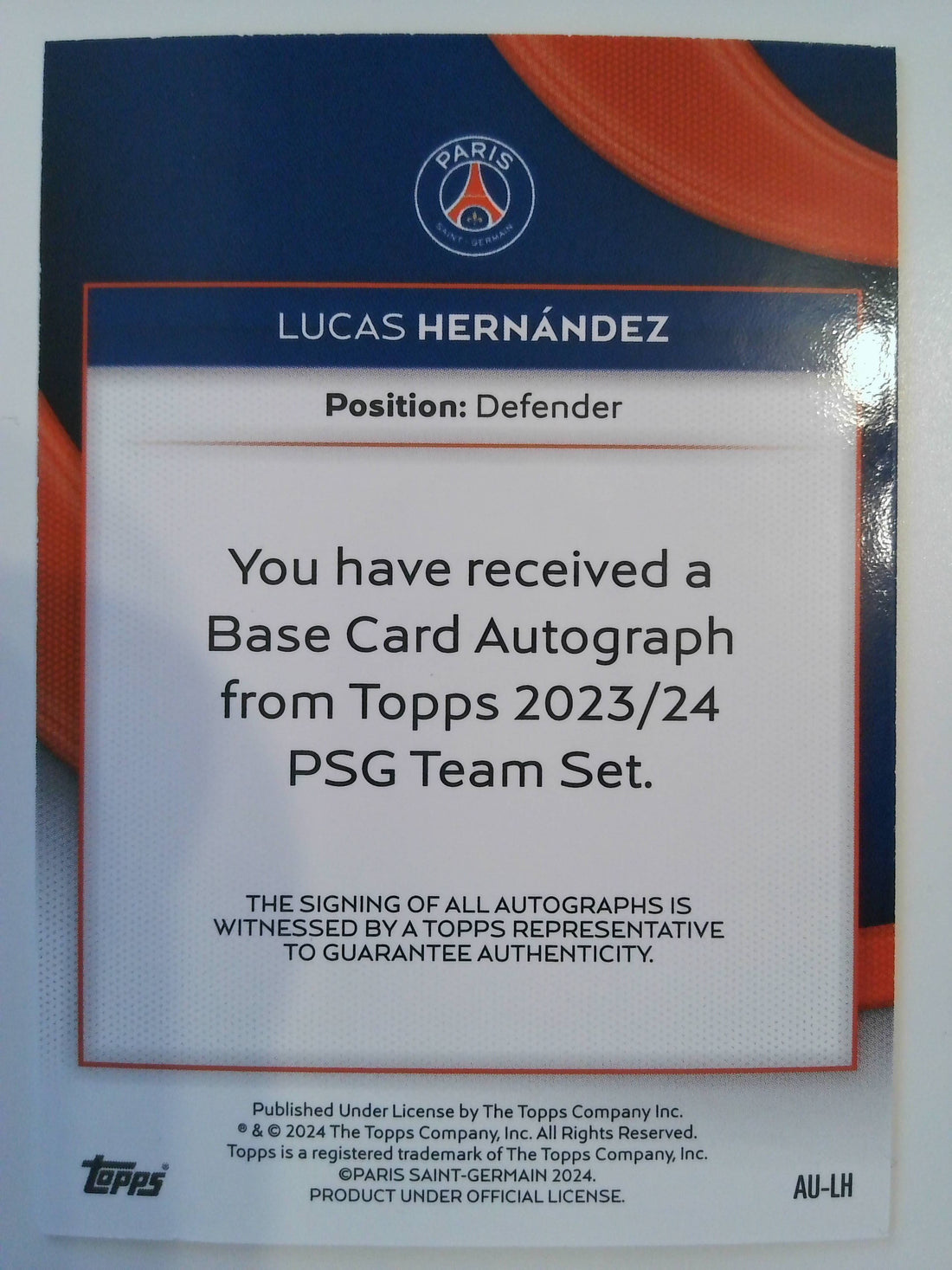 2023-24 Topps Paris Saint-Germain Base Autographs Lucas Hernandez #AU-LH