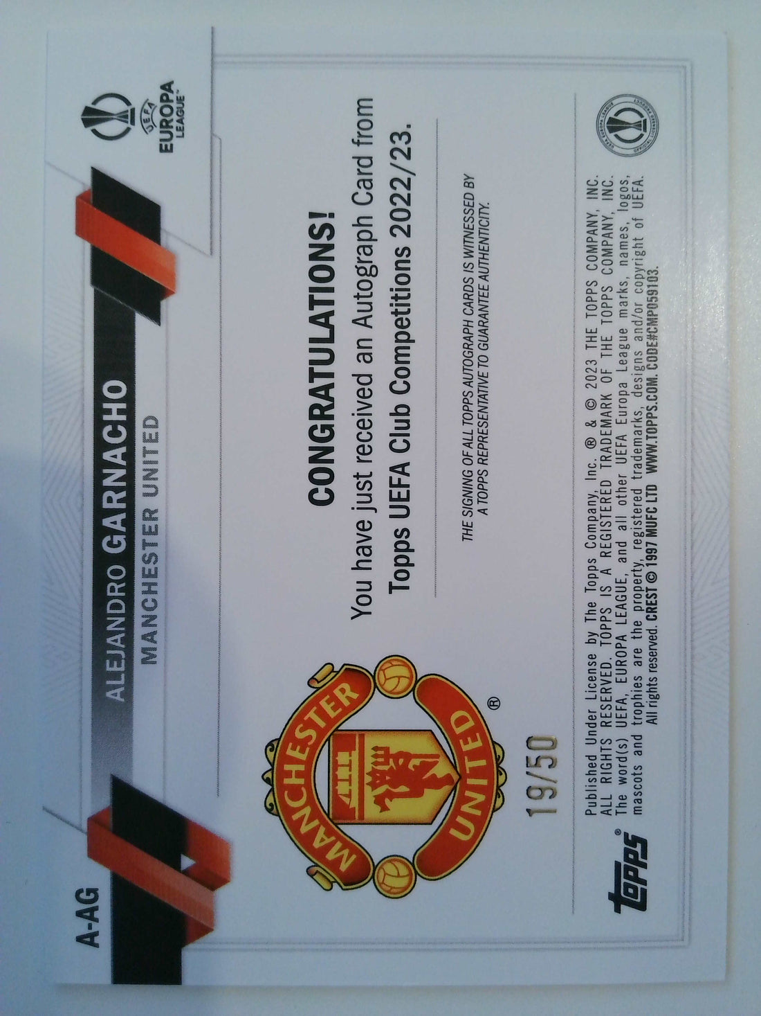 2022-23 Topps UCC Soccer Base Autographs Gold 19/50 Alejandro Garnacho #A-AG