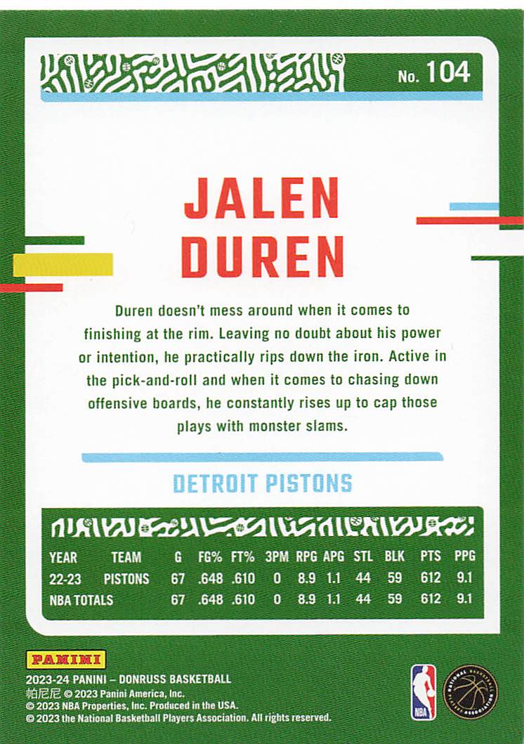 2023-24 Donruss Basketball Jalen Duren #104