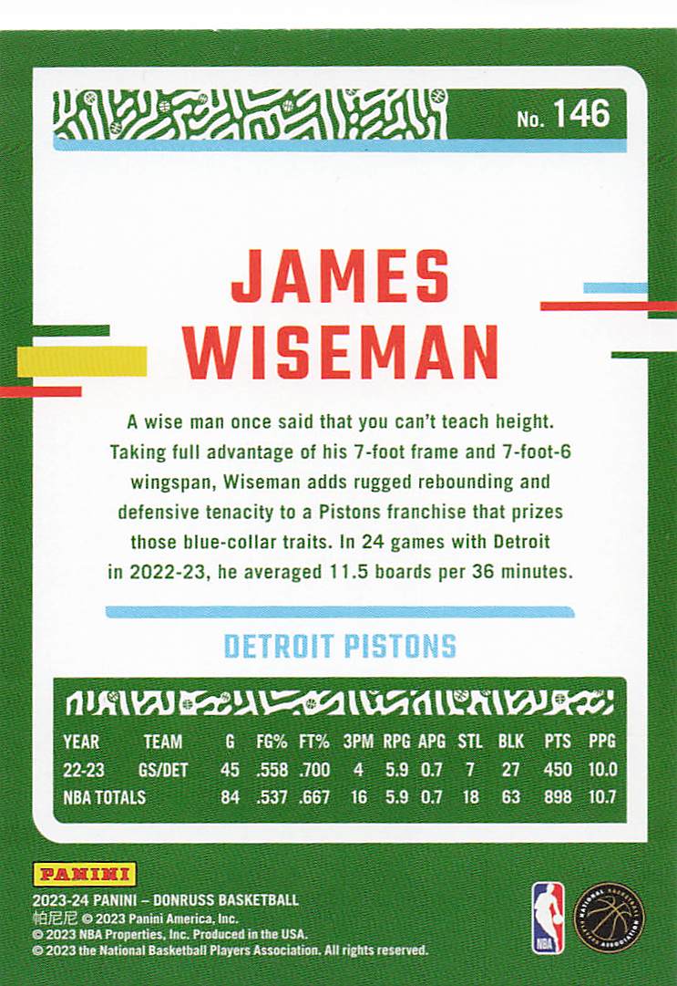 2023-24 Donruss Basketball James Wiseman #146