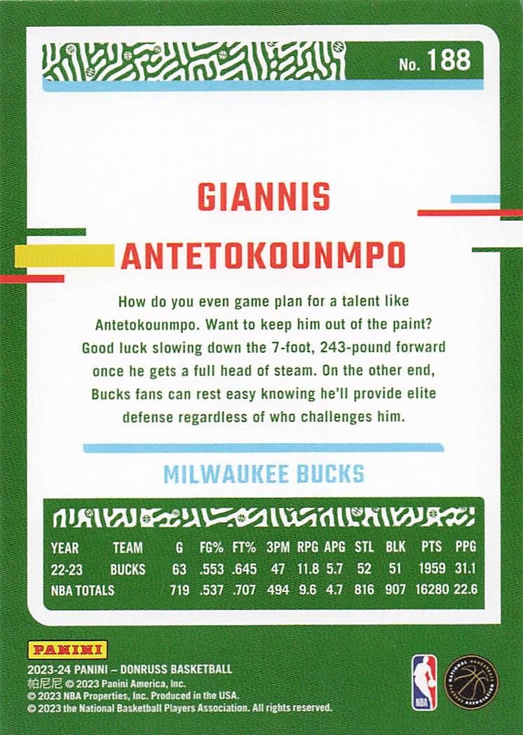 2023-24 Donruss Basketball Giannis Antetokounmpo #188