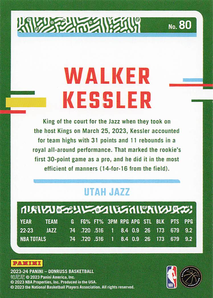 2023-24 Donruss Basketball Walker Kessler #80