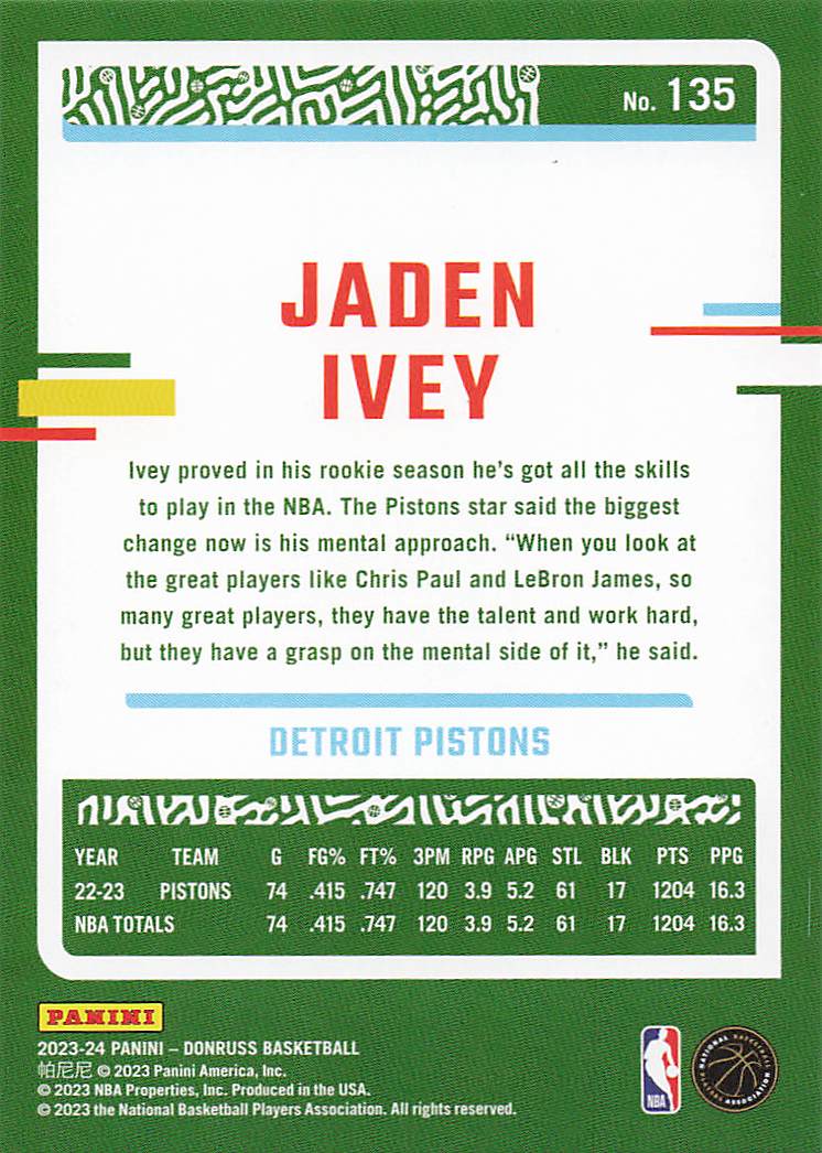 2023-24 Donruss Basketball Jaden Ivey #135