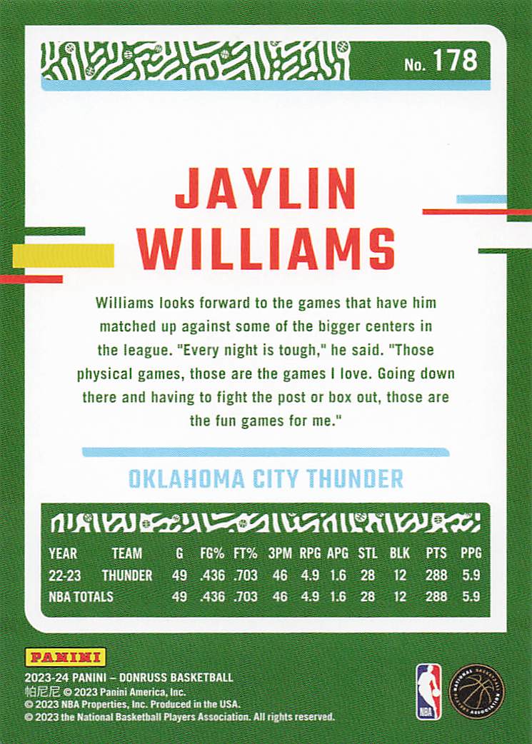 2023-24 Donruss Basketball Jaylin Williams #178
