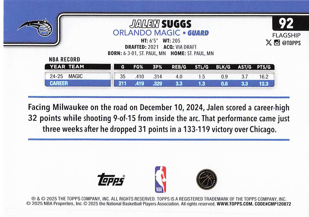 2025-26 Topps Basketball Jalen Suggs #92