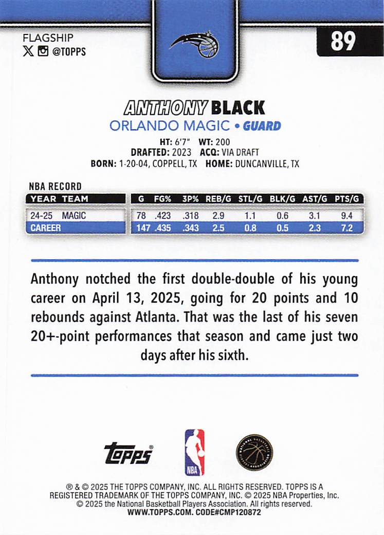 2025-26 Topps Basketball Anthony Black #89