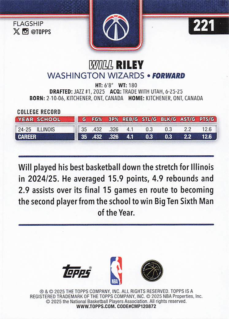 2025-26 Topps Basketball Will Riley #221 Rookie