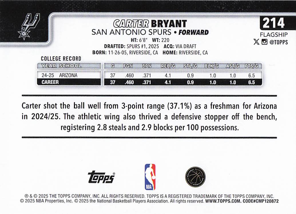 2025-26 Topps Basketball Carter Bryant #214 Rookie