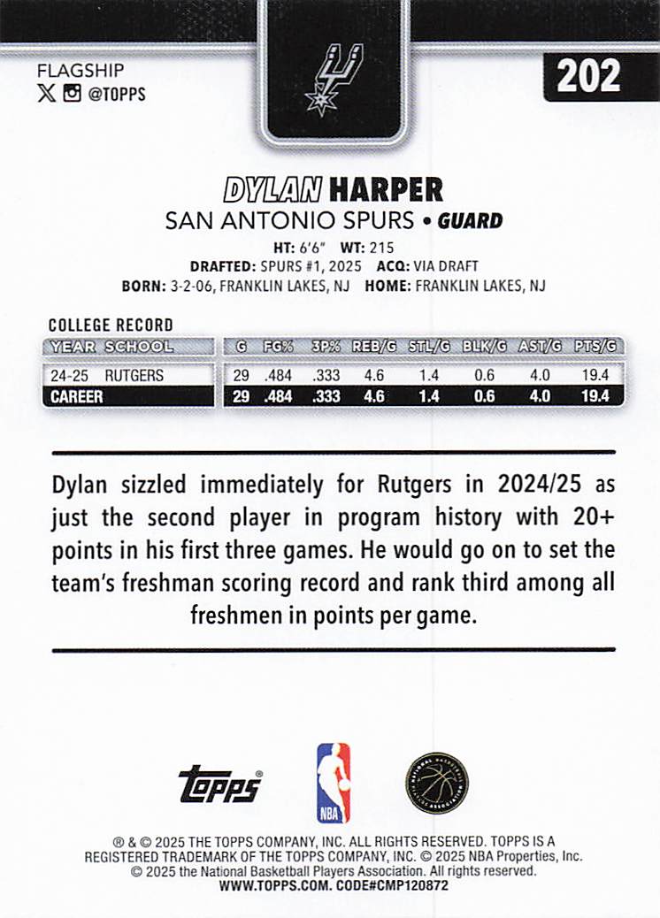 2025-26 Topps Basketball Dylan Harper #202 Rookie