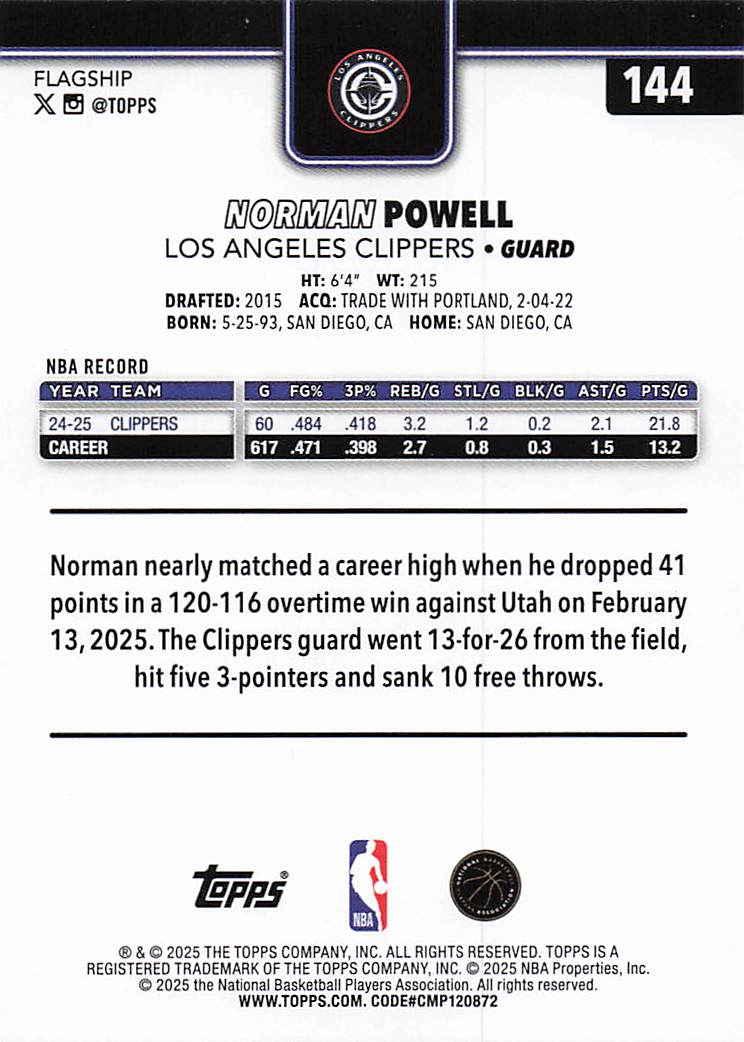 2025-26 Topps Basketball Gold 0487/2025 Norman Powell #144