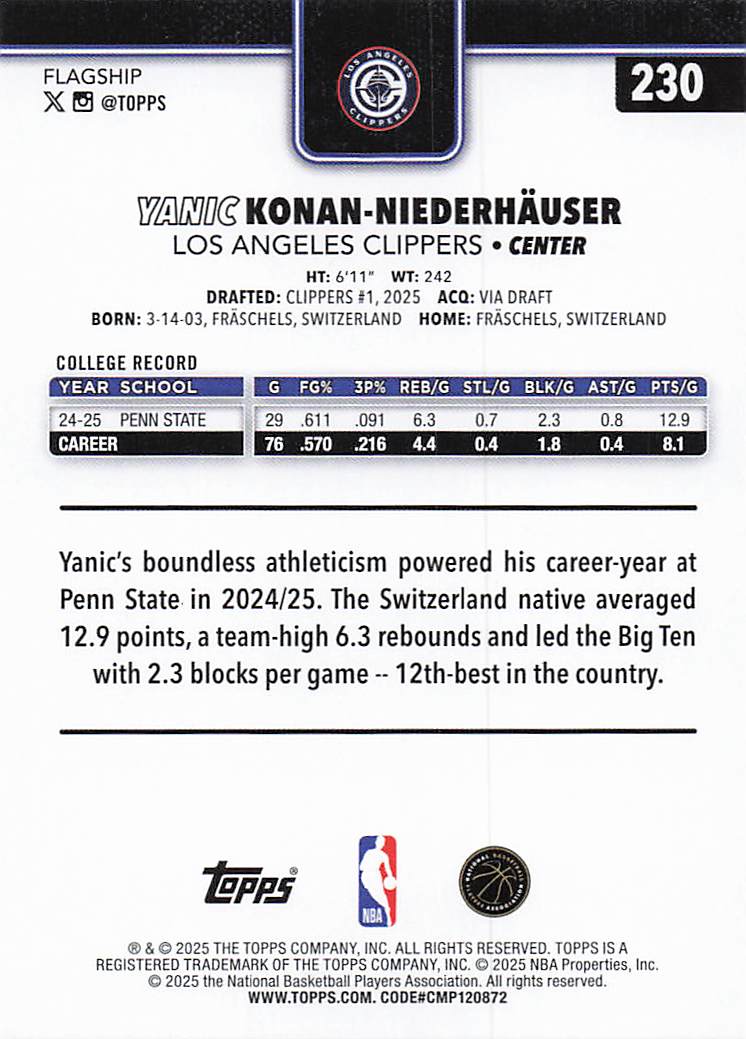 2025-26 Topps Basketball Yanic Konan-Niederhäuser #230 Rookie