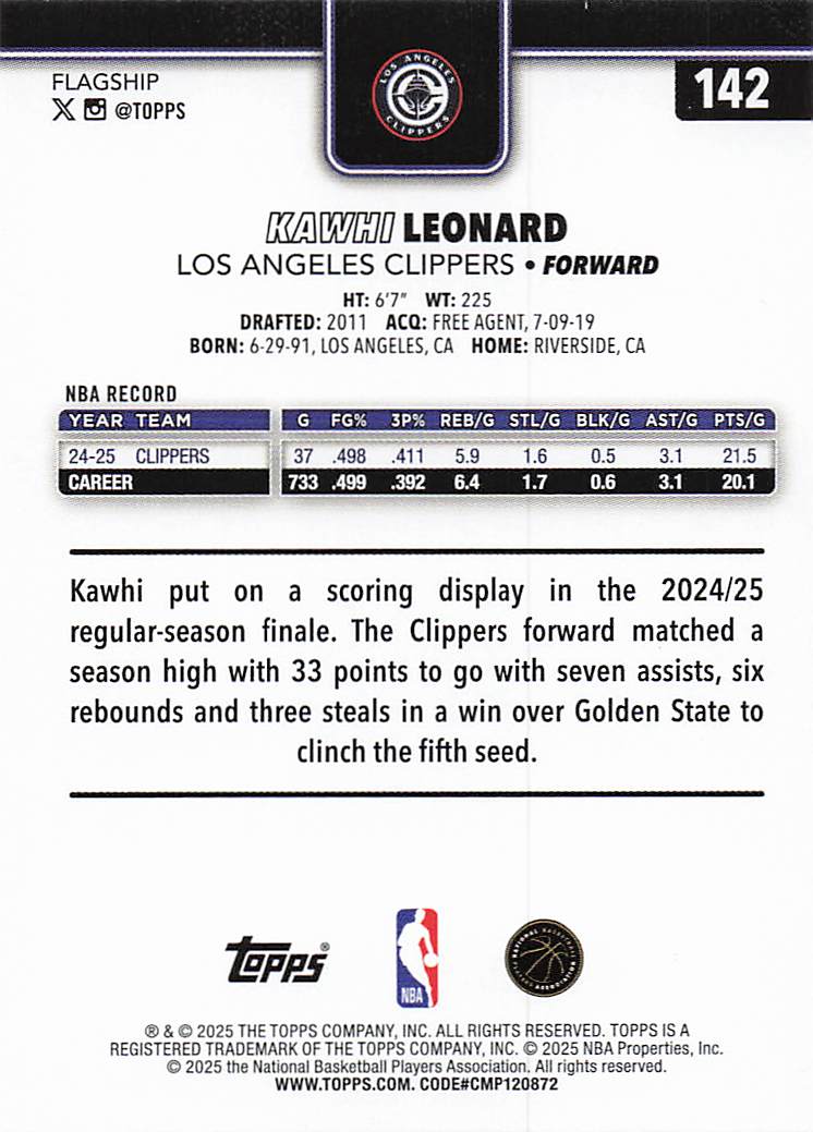 2025-26 Topps Basketball Kawhi Leonard #142