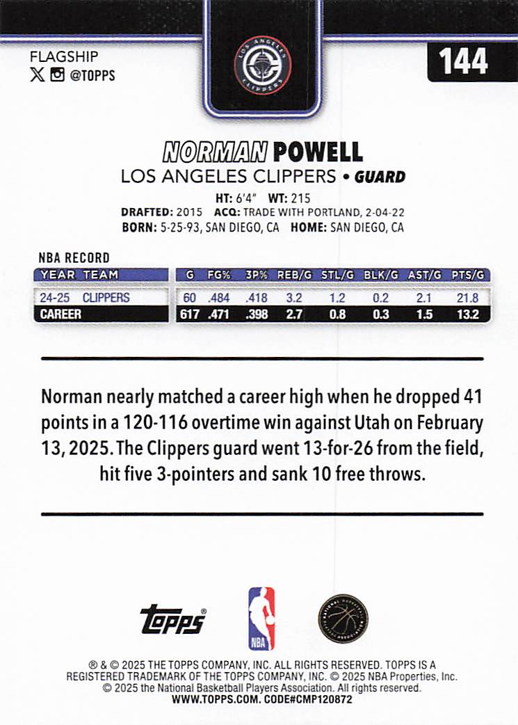 2025-26 Topps Basketball Norman Powell #144