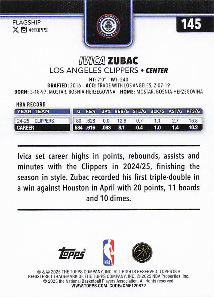 2025-26 Topps Basketball Ivica Zubac #145