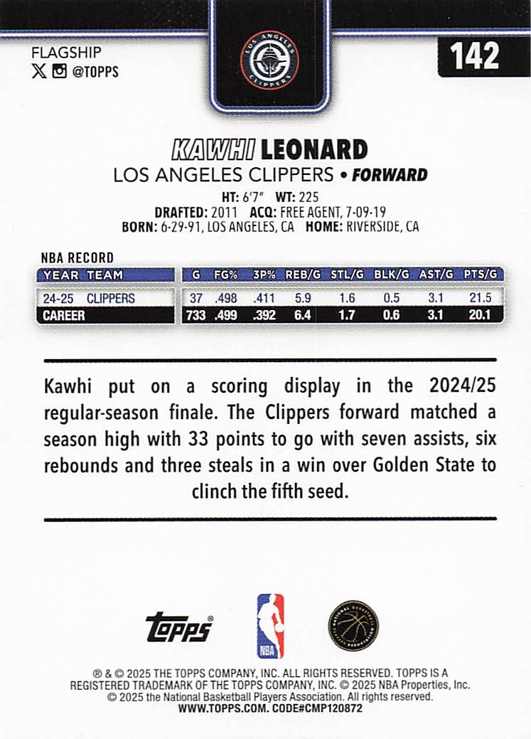 2025-26 Topps Basketball Sandglitter Kawhi Leonard #142