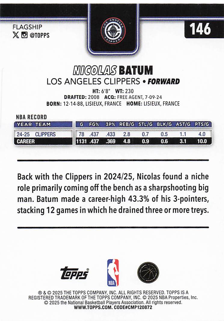 2025-26 Topps Basketball Season Tip Off Nicolas Batum #146