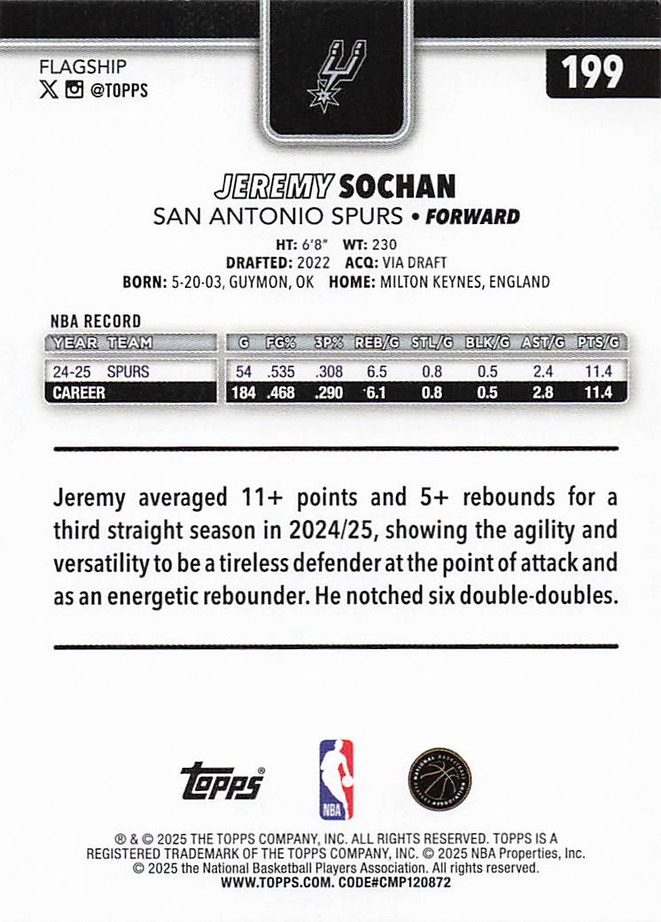 2025-26 Topps Basketball Jeremy Sochan #199