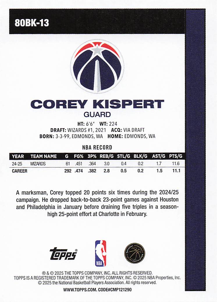 2025-26 Topps Basketball 1980-81 Topps Basketball Corey Kispert #80BK-13