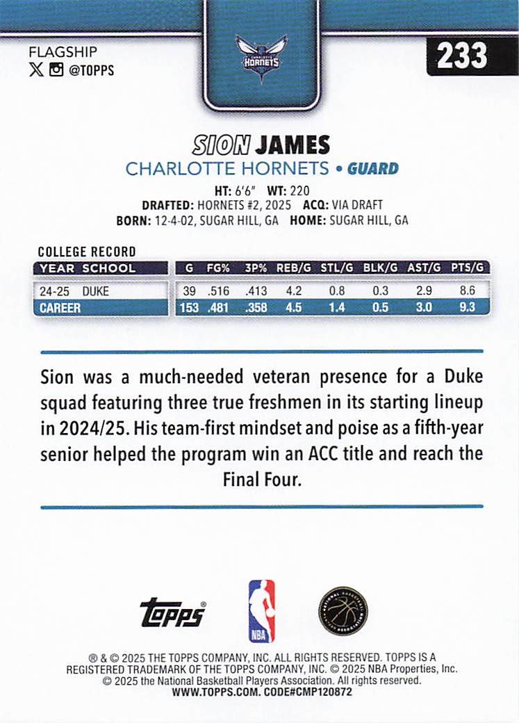 2025-26 Topps Basketball Sion James #233 Rookie