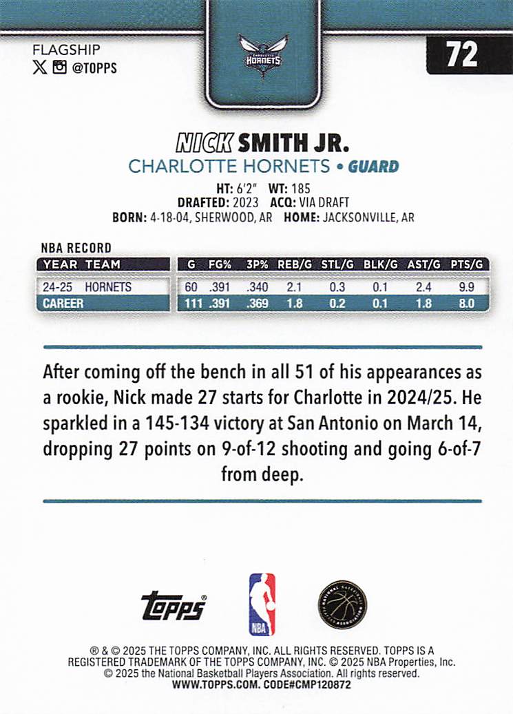 2025-26 Topps Basketball Nick Smith Jr. #72