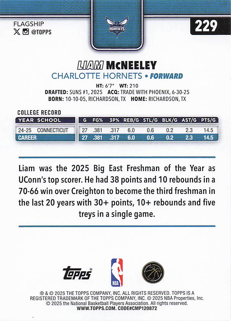 2025-26 Topps Basketball Liam McNeeley #229 Rookie