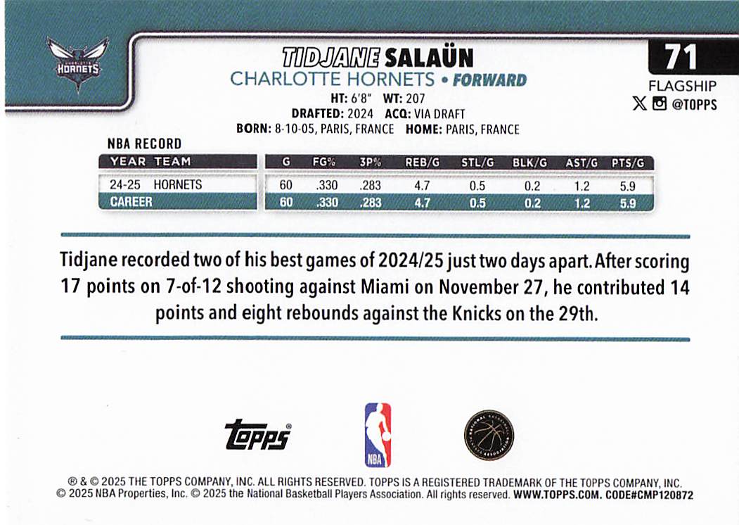 2025-26 Topps Basketball Tidjane Salaün #71