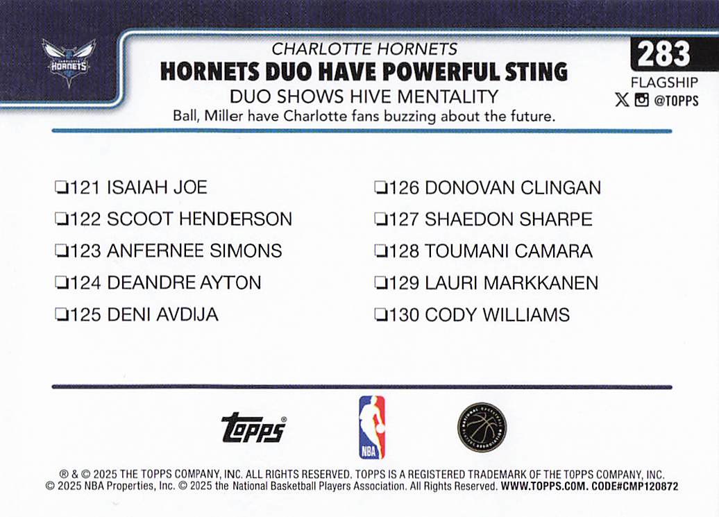 2025-26 Topps Hornets Duo Have Powerful Sting: Duo Shows Hive Mentality #283