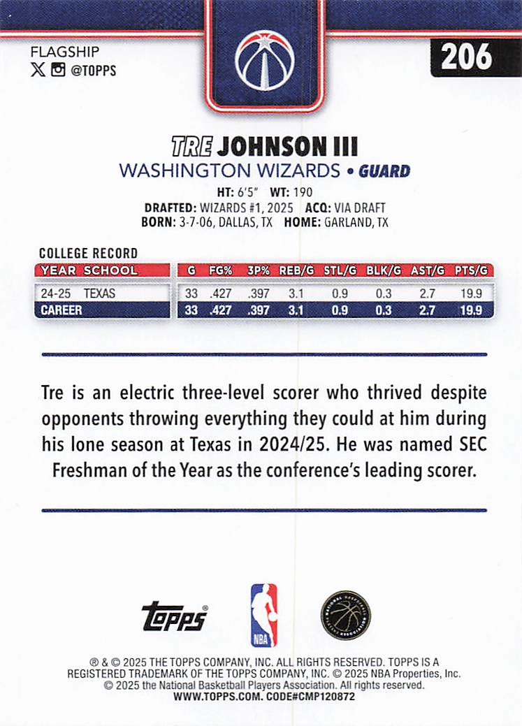 2025-26 Topps Basketball Tre Johnson III #206 Rookie