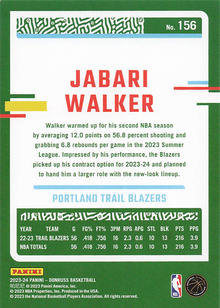 2023-24 Donruss Basketball Jabari Walker #156