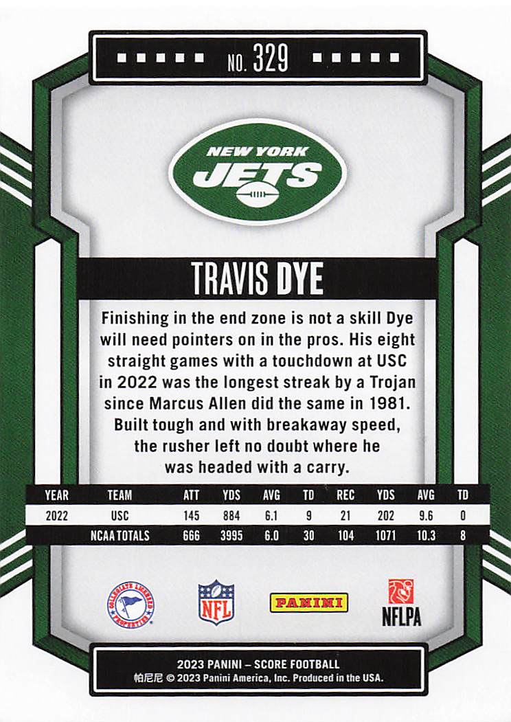 2023 Score Football Travis Dye #329 Rookie