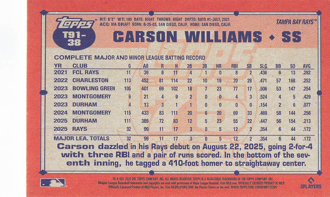 2026 Topps Baseball 1991 Topps Baseball Carson Williams #T91-38