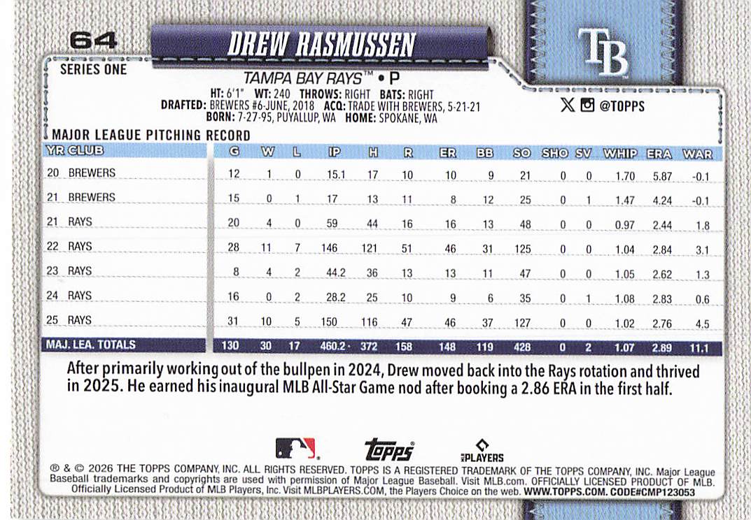2026 Topps Baseball Drew Rasmussen #64