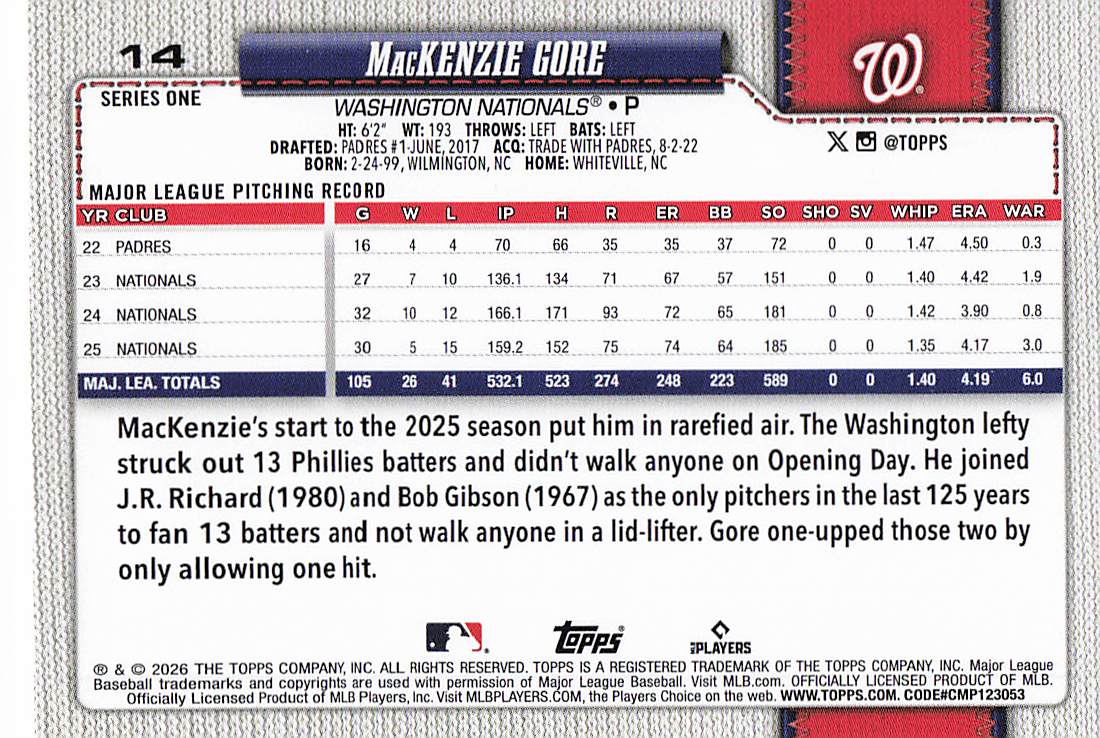 2026 Topps Baseball MacKenzie Gore #14
